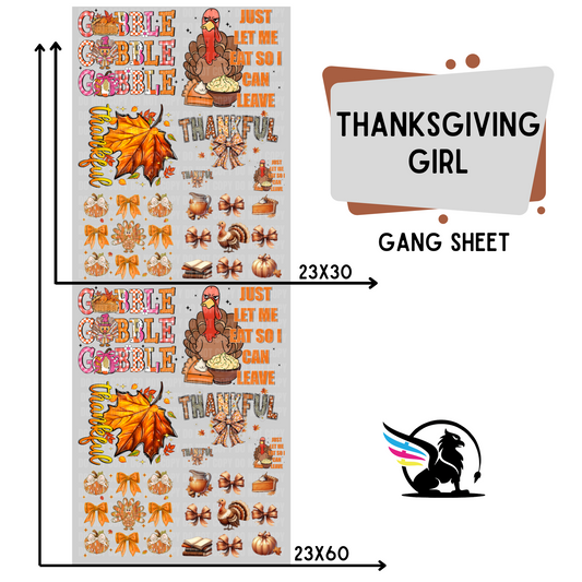 Premade DTF Transfer Gang Sheet For Graphic Tees | Thanksgiving Girl