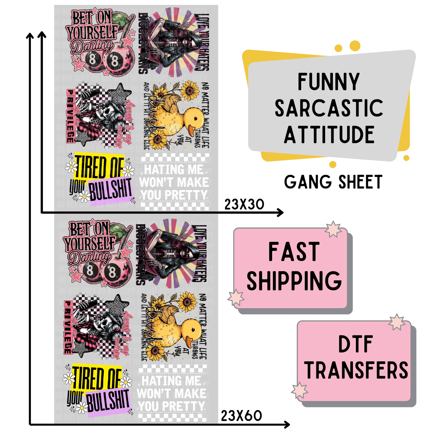 Sheet of stickers with various designs and text, including 'Funny Sarcastic Attitude' and product details.