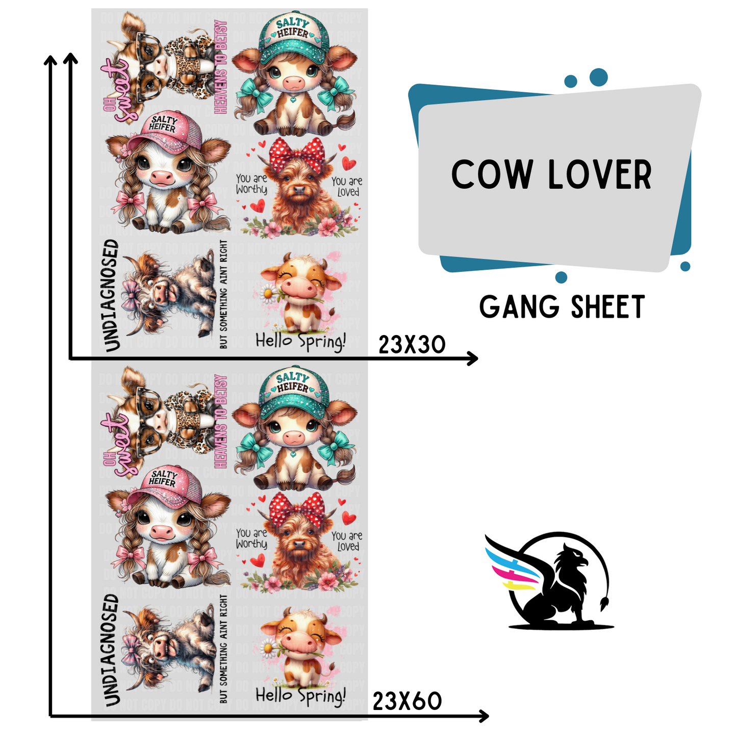 Premade DTF Transfer Gang Sheet For Graphic Tees | Cow Lover