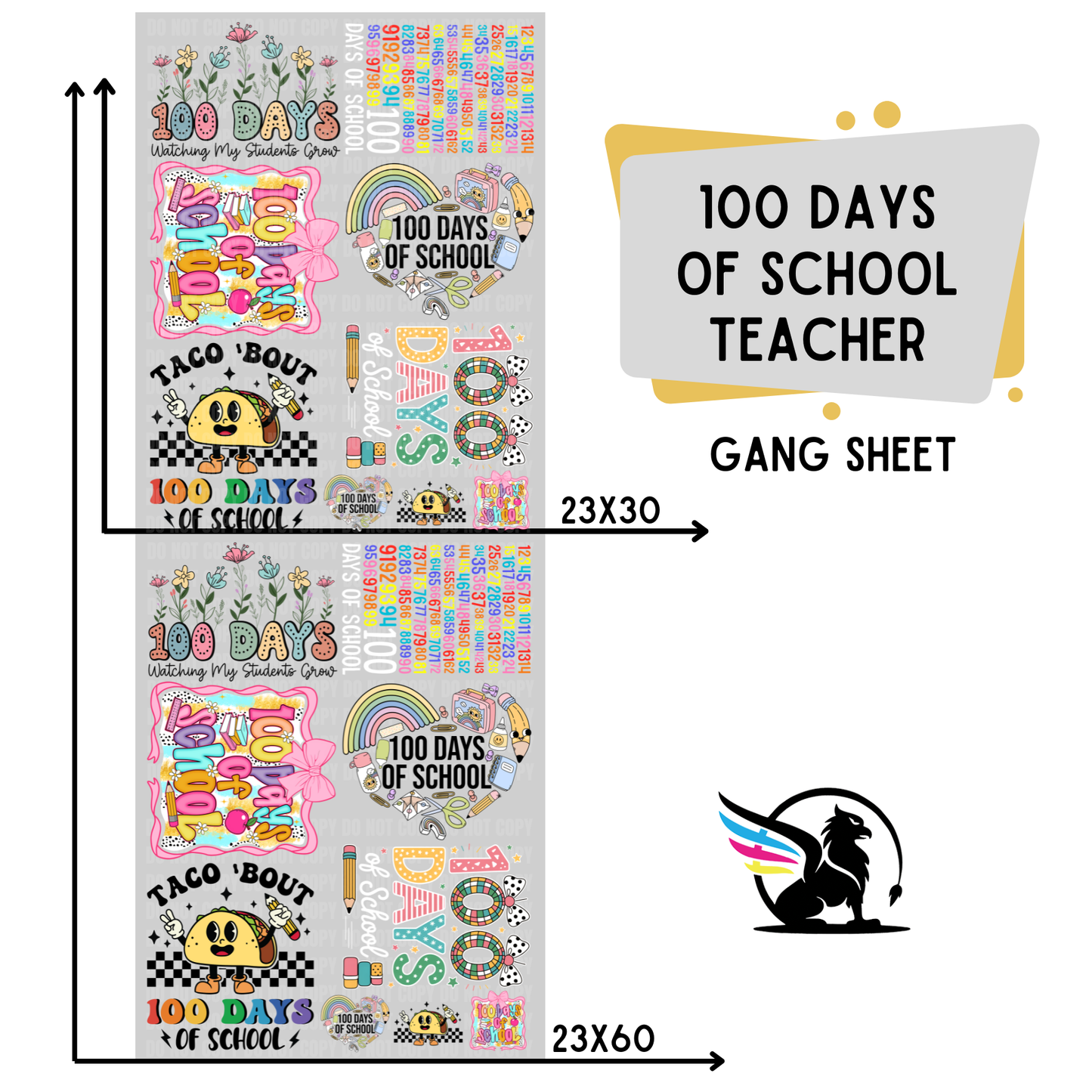 Premade DTF Transfer Gang Sheet For Graphic Tees | 100 Days Of School Teacher