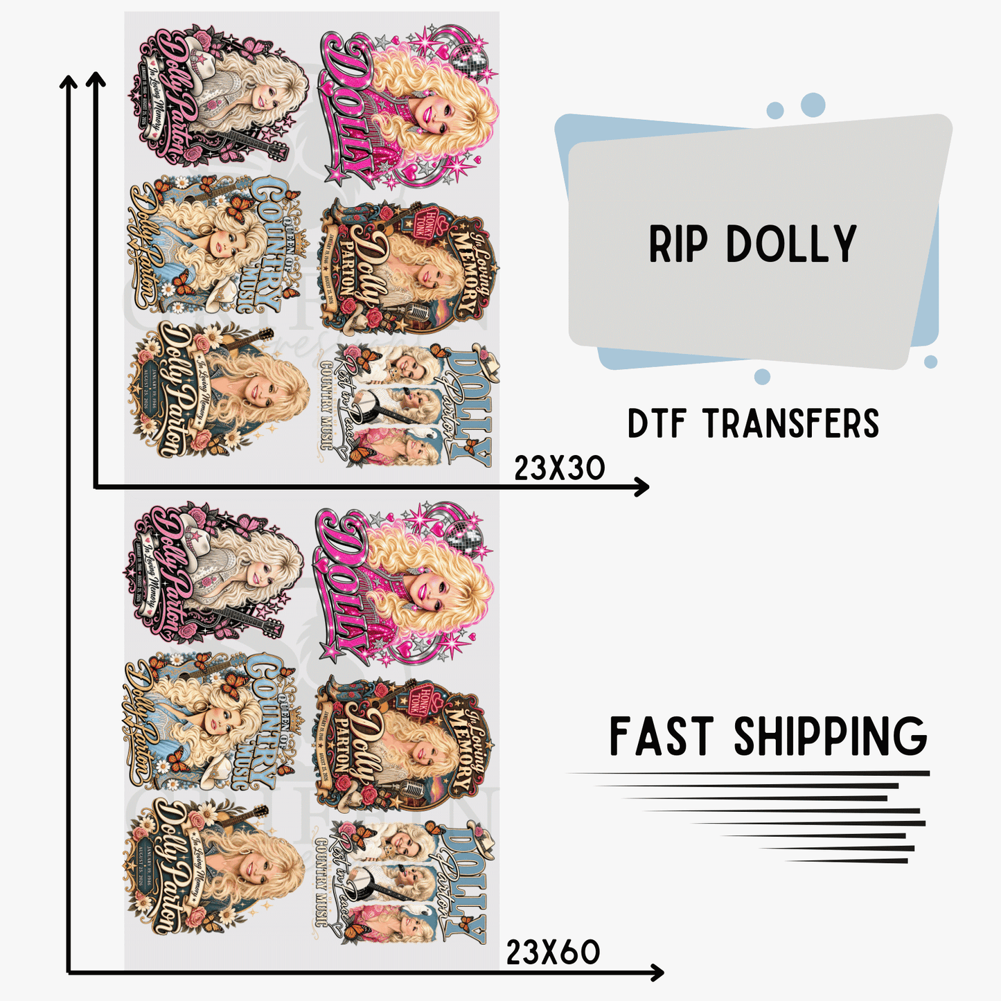 RIP Dolly Parton | Premade DTF Transfer Gang Sheet For Graphic Tees