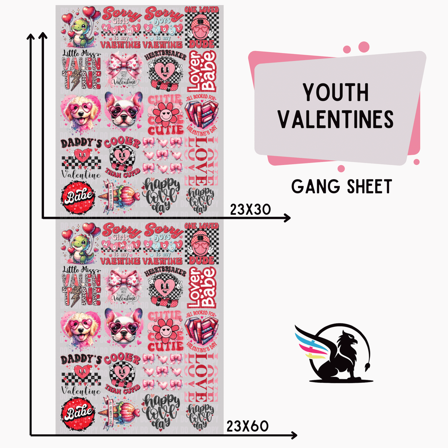 Premade DTF Transfer Gang Sheet For Graphic Tees | Youth Valentines