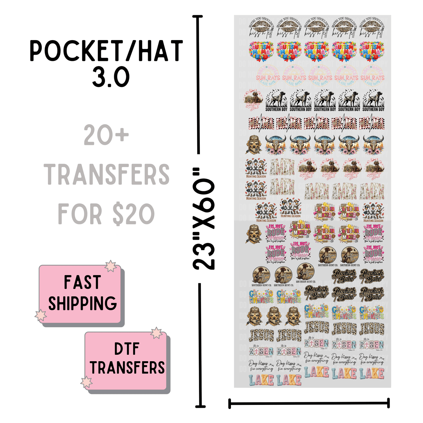 Sheet of DTF transfers with dimensions and pricing information on a white background