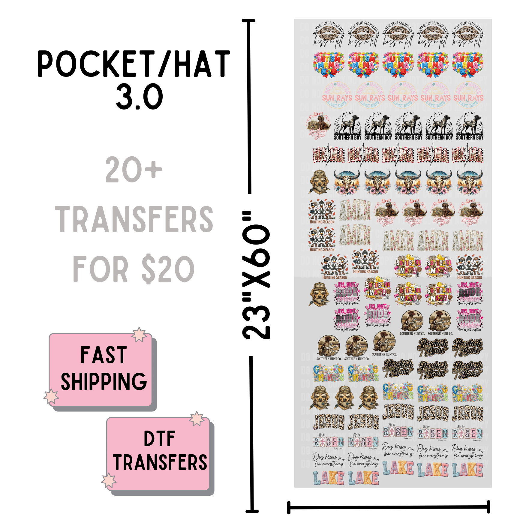 Sheet of DTF transfers with dimensions and pricing information on a white background