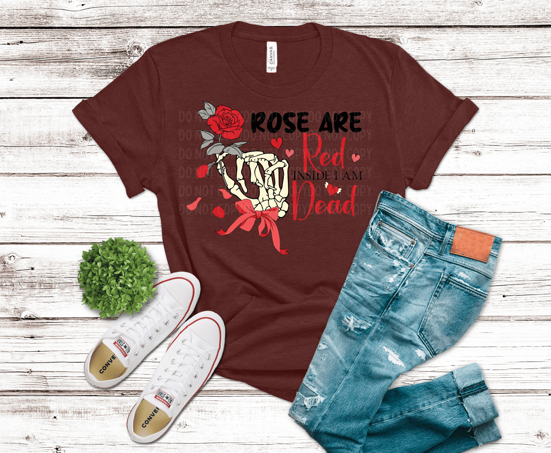 Skeleton hand holding a red rose with “Roses Are Red, Inside I Am Dead” text, dark romantic Valentine-themed DTF transfer design.