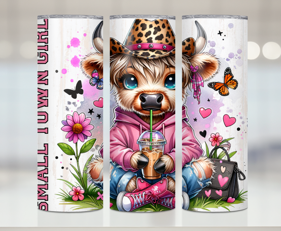 Small Town Girl Highland Cow | Premium Sublimation Tumbler Transfers – Vibrant, Long-Lasting Designs