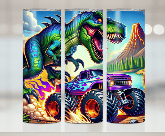 Dino And Monster Truck | Premium Sublimation Tumbler Transfers – Vibrant, Long-Lasting Designs
