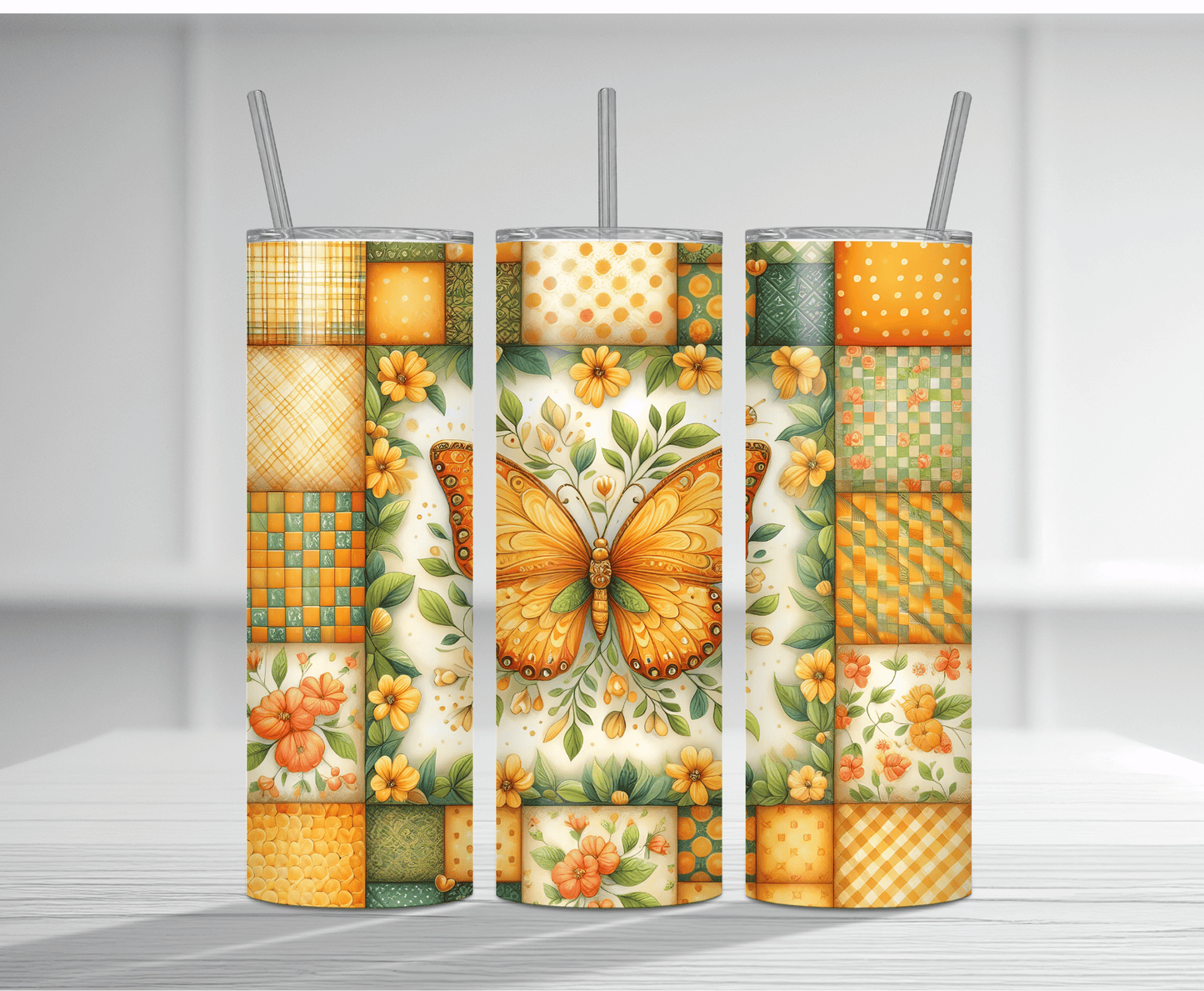 Vibrant 20oz tumbler sublimation wrap featuring a large orange butterfly with floral elements and colorful patchwork quilt patterns in orange, yellow, and green on a cream background.