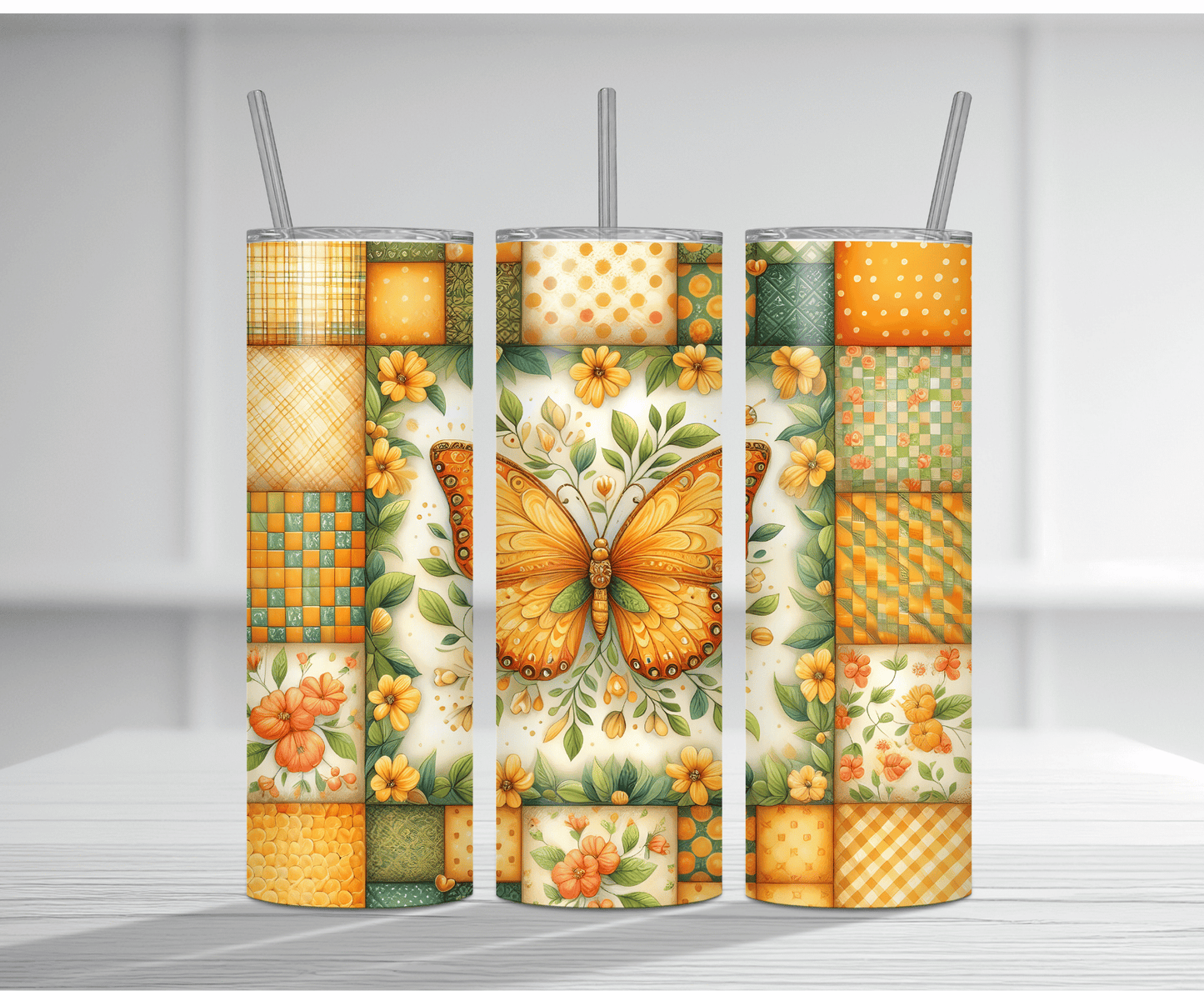 Orange Butterfly Patchwork Sublimation Tumbler Transfer – Floral Mosaic Wrap
