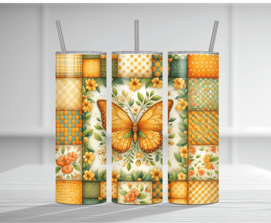 Orange Butterfly Patchwork Sublimation Tumbler Transfer – Floral Mosaic Wrap