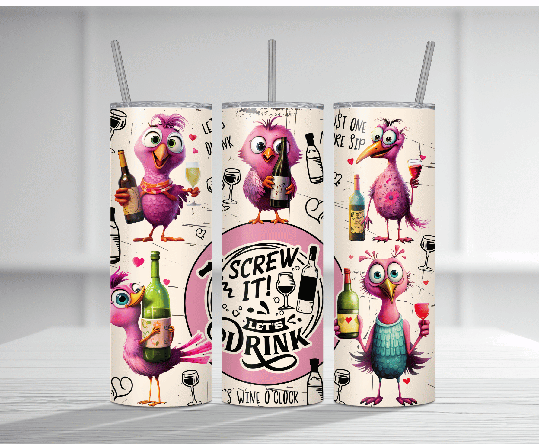 Fun 20oz tumbler sublimation wrap featuring multiple cute pink cartoon birds holding wine bottles and glasses with bold texts "SCREW IT! LET'S DRINK" and "IT'S WINE O'CLOCK" on a cream background with hearts and wine illustrations.