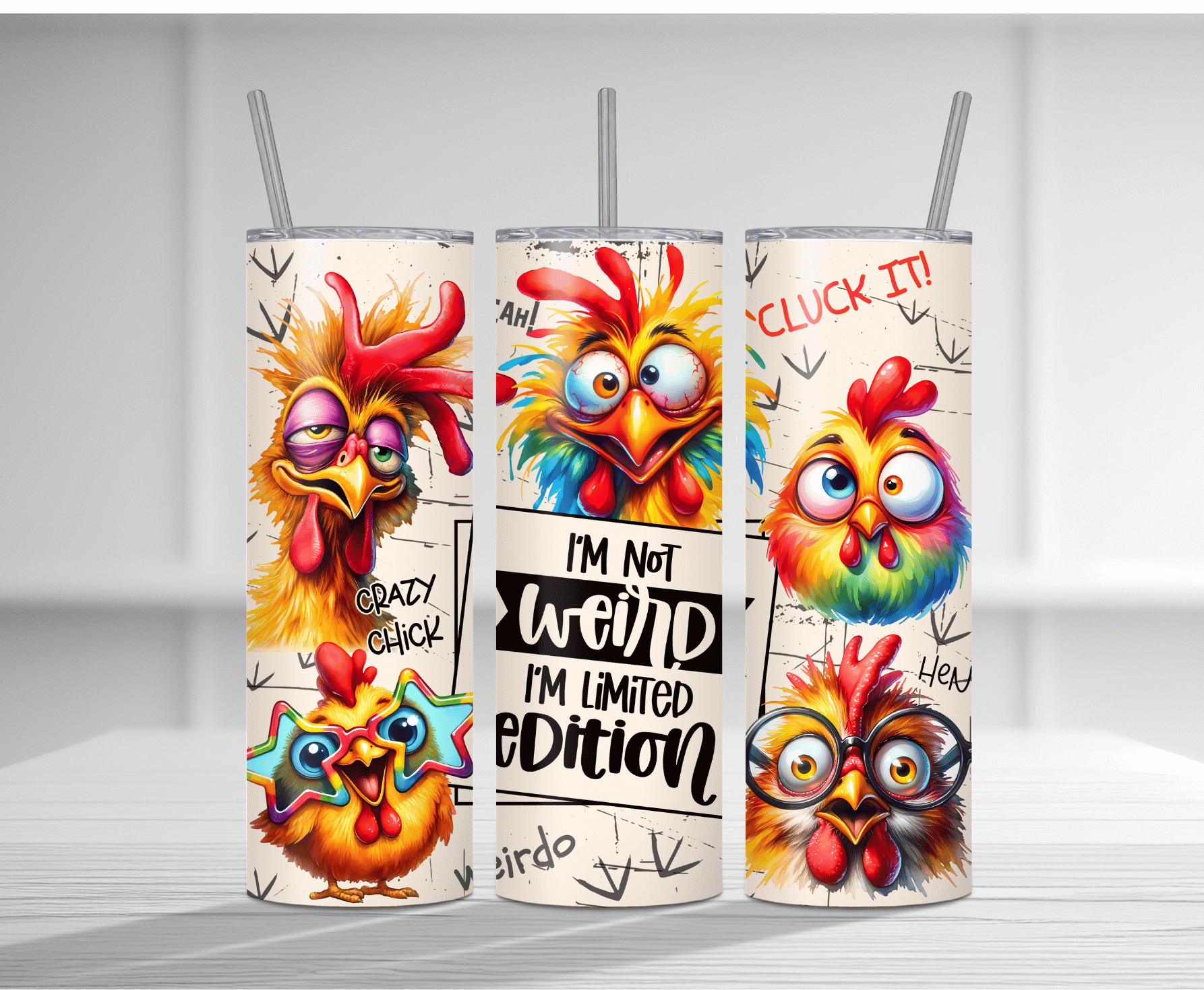 Playful 20oz tumbler sublimation wrap featuring multiple colorful cartoon chickens with the text "I'm not WEIRD I'm limited EDITION".