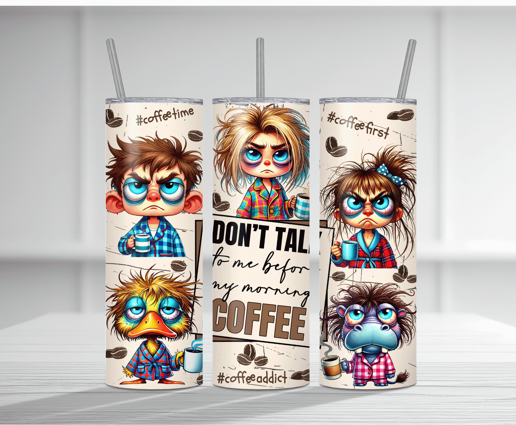 Humorous 20oz tumbler sublimation wrap with multiple cartoon characters and "Don't Talk To Me Before Coffee" text in a fun coffee-themed style.
