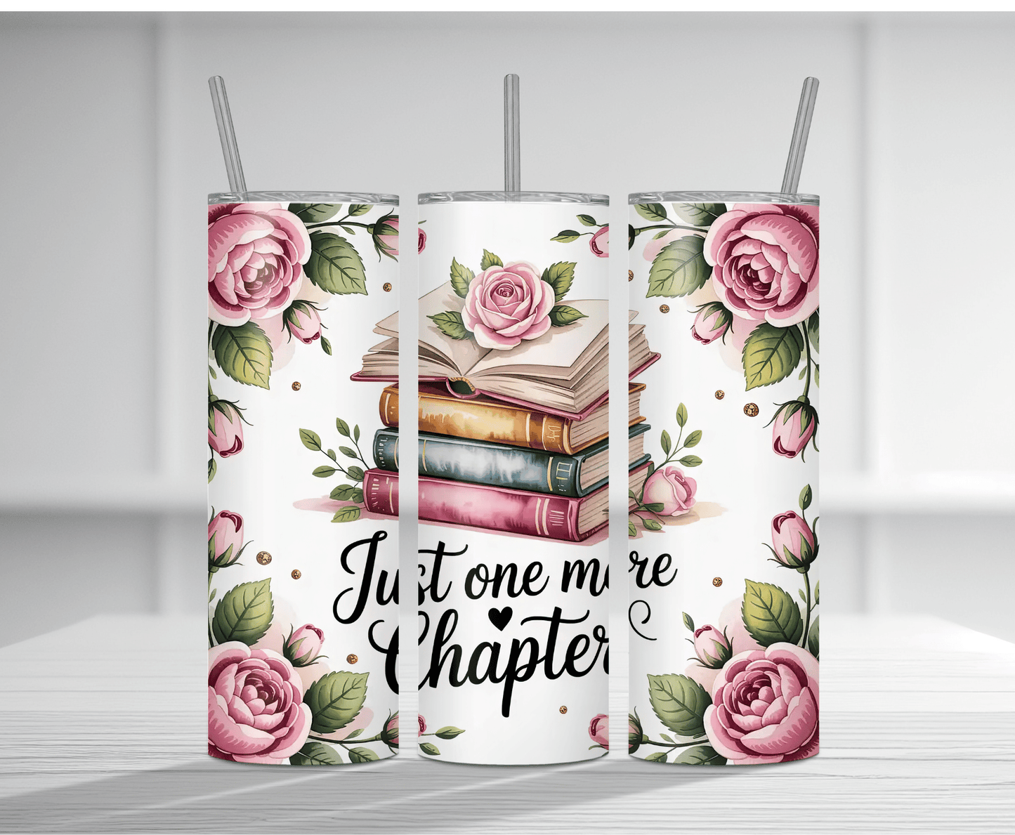 Elegant 20oz tumbler sublimation wrap featuring a stack of books with flowers and the text "Just One More Chapter".