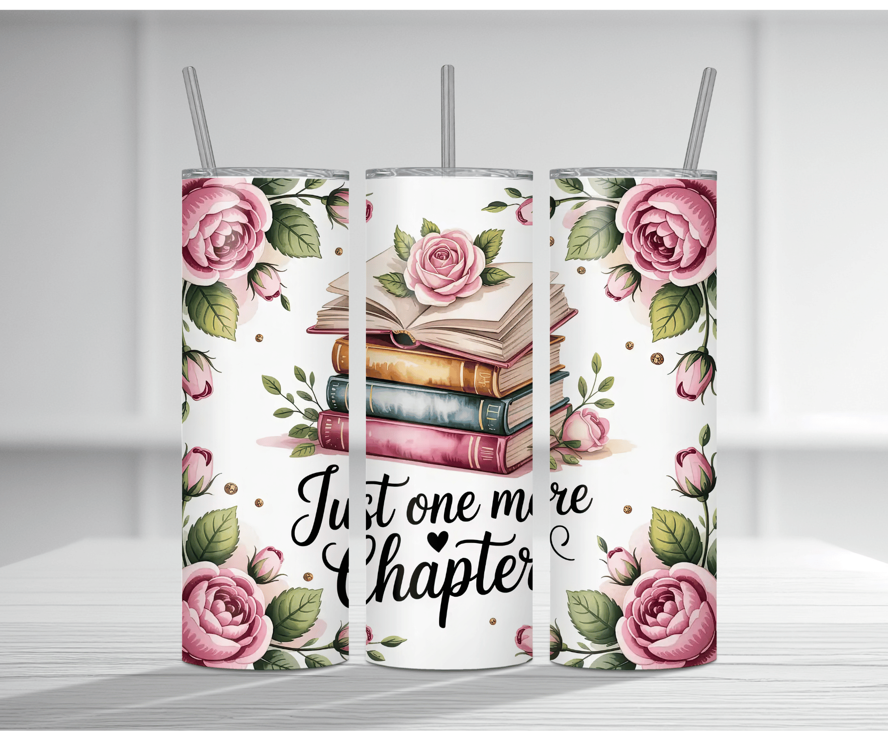 Elegant 20oz tumbler sublimation wrap featuring a stack of books with flowers and the text "Just One More Chapter".