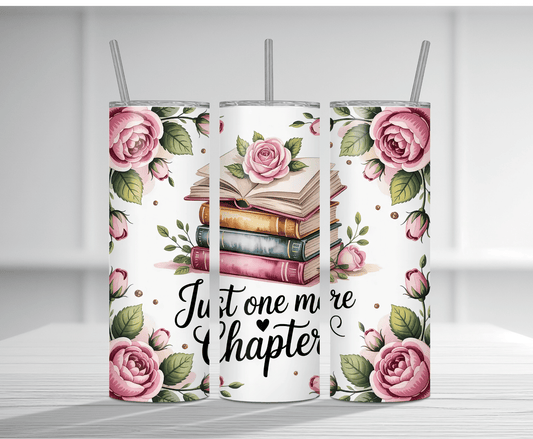 Elegant 20oz tumbler sublimation wrap featuring a stack of books with flowers and the text "Just One More Chapter".