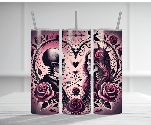 Gothic 20oz tumbler sublimation wrap featuring intertwined skulls, roses, and hearts in a pink and black romantic style.