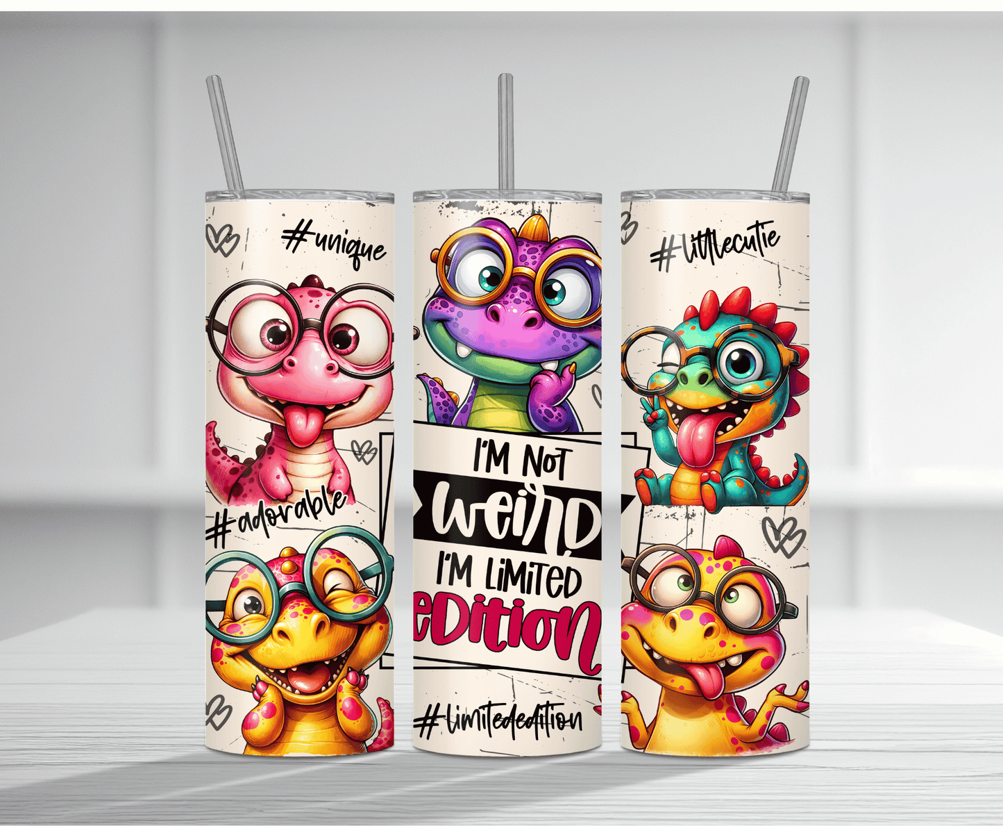 Playful 20oz tumbler sublimation wrap featuring multiple colorful cartoon monsters with the text "I'm not WEIRD I'm limited EDITION".
