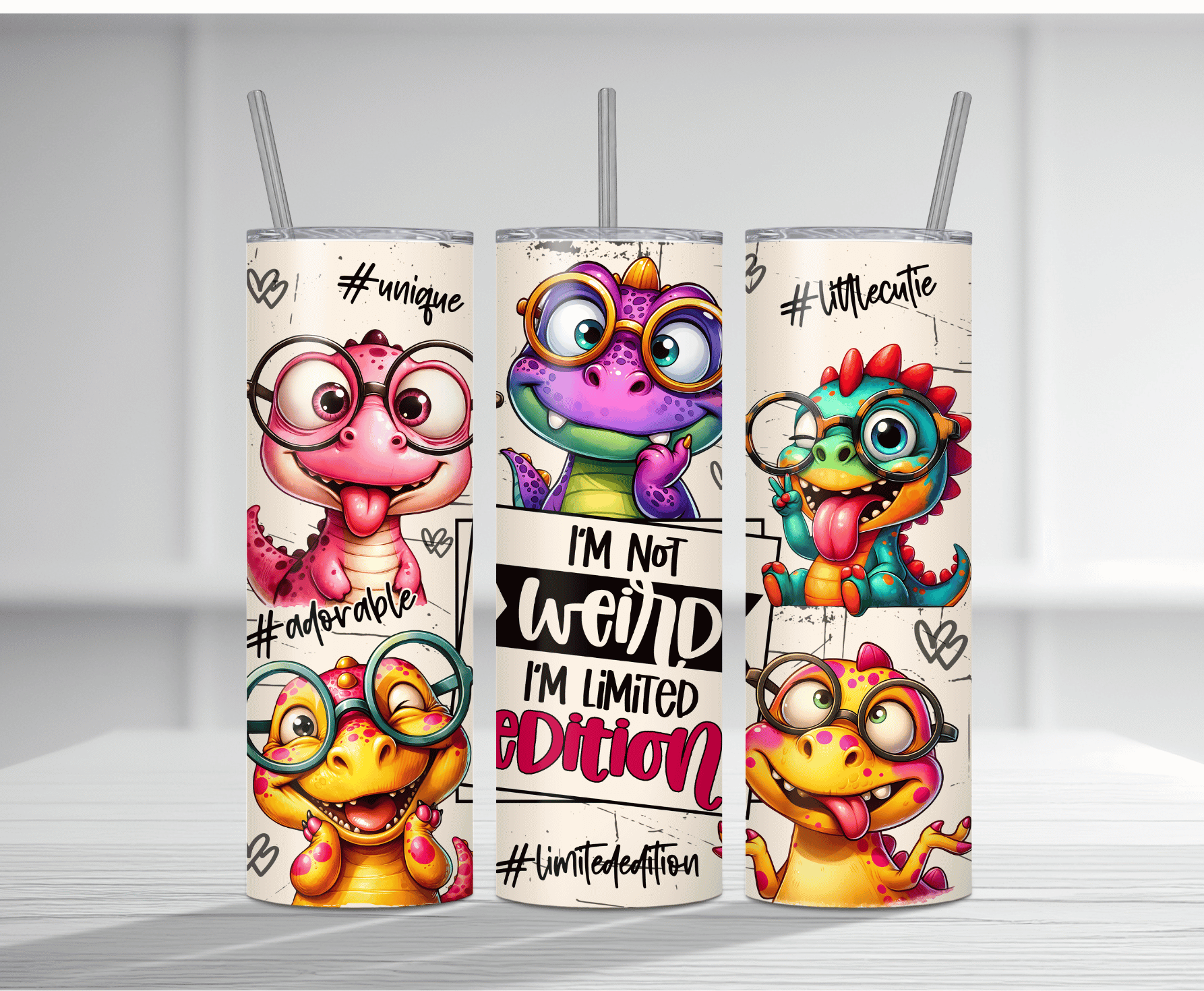 Playful 20oz tumbler sublimation wrap featuring multiple colorful cartoon monsters with the text "I'm not WEIRD I'm limited EDITION".
