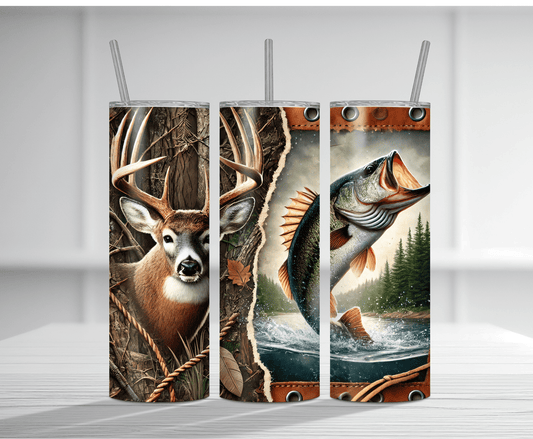 Dynamic 20oz tumbler sublimation wrap featuring deer and largemouth bass artwork for hunting and fishing enthusiasts.