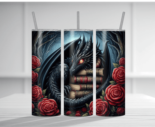 Fantasy 20oz tumbler sublimation wrap featuring dragon and book elements in a vibrant design.