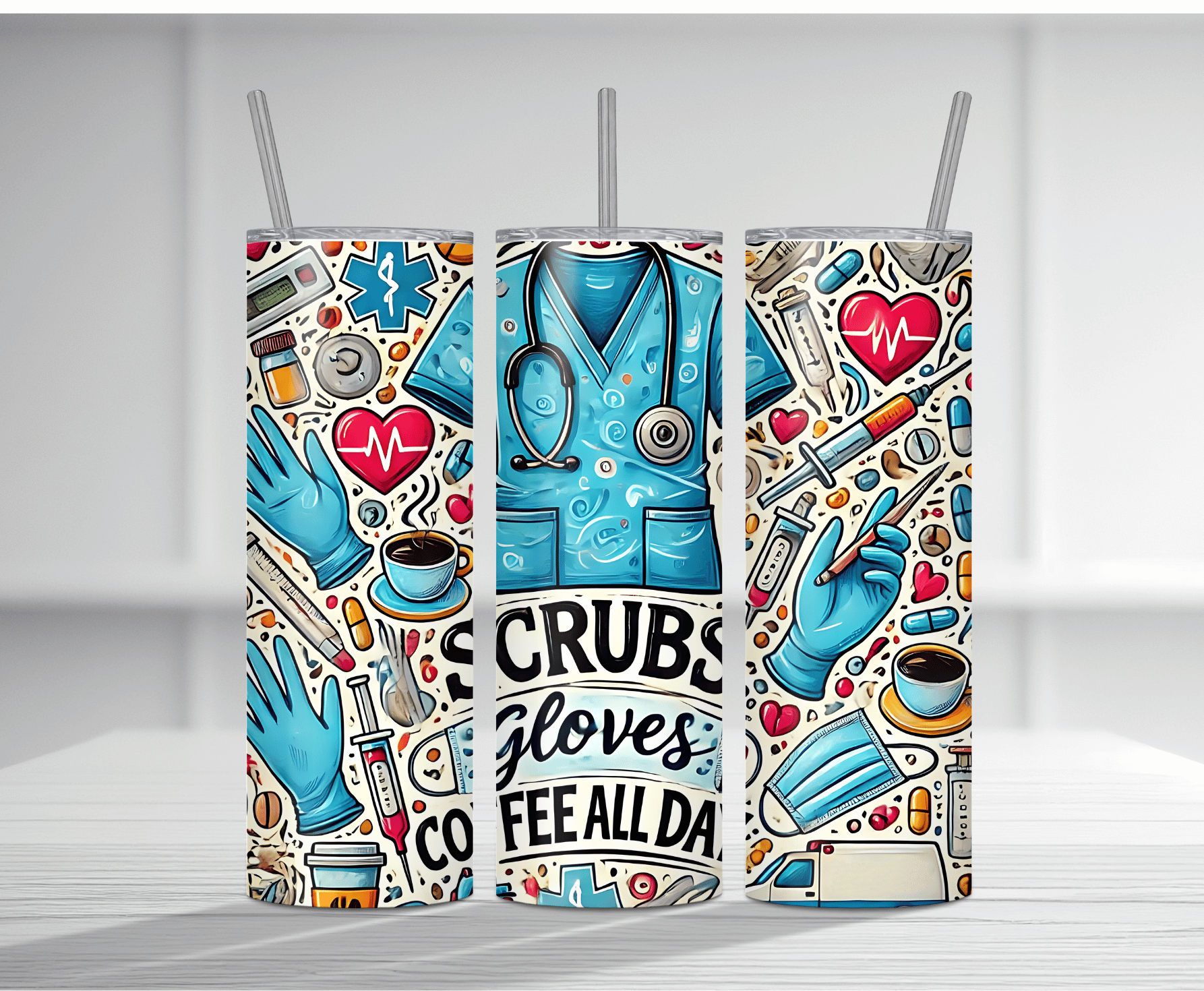 Medical-themed 20oz tumbler sublimation wrap featuring scrubs, gloves, and healthcare icons.