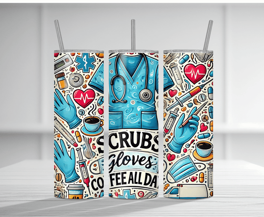Medical-themed 20oz tumbler sublimation wrap featuring scrubs, gloves, and healthcare icons.