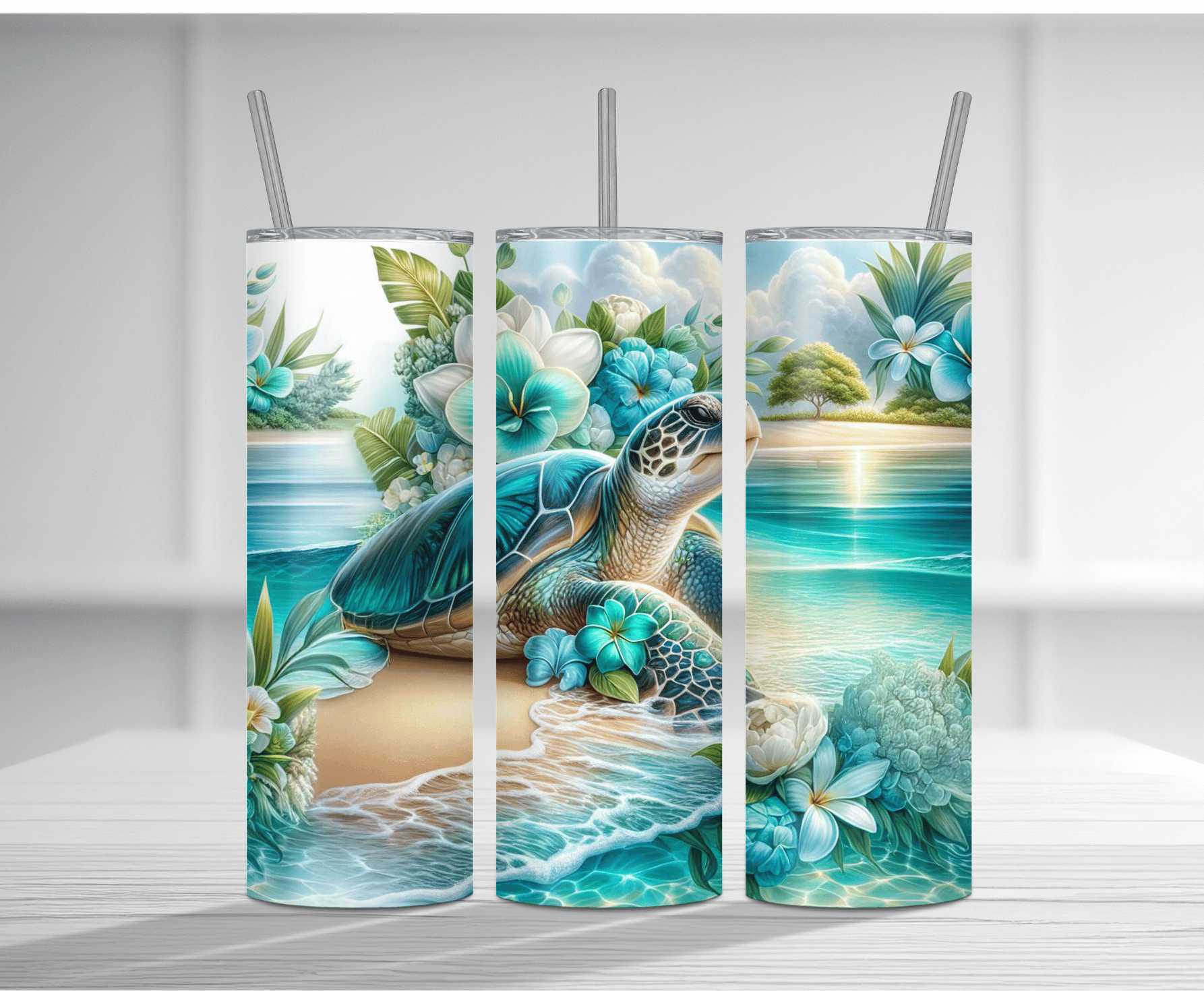 Tropical 20oz tumbler sublimation wrap featuring sea turtles and sandy beach ocean scenes.