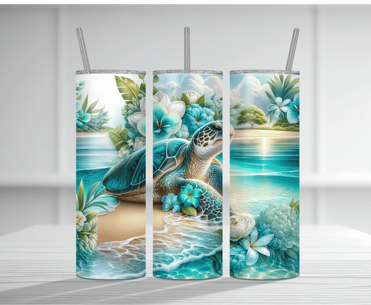 Tropical 20oz tumbler sublimation wrap featuring sea turtles and sandy beach ocean scenes.