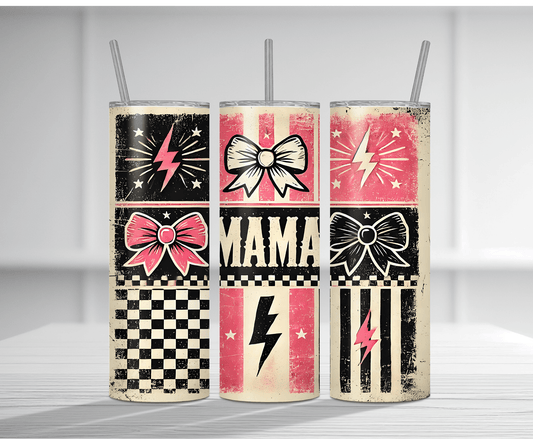 Retro 20oz tumbler sublimation wrap featuring "MAMA" text with bows, lightning bolts, and pink retro patterns.