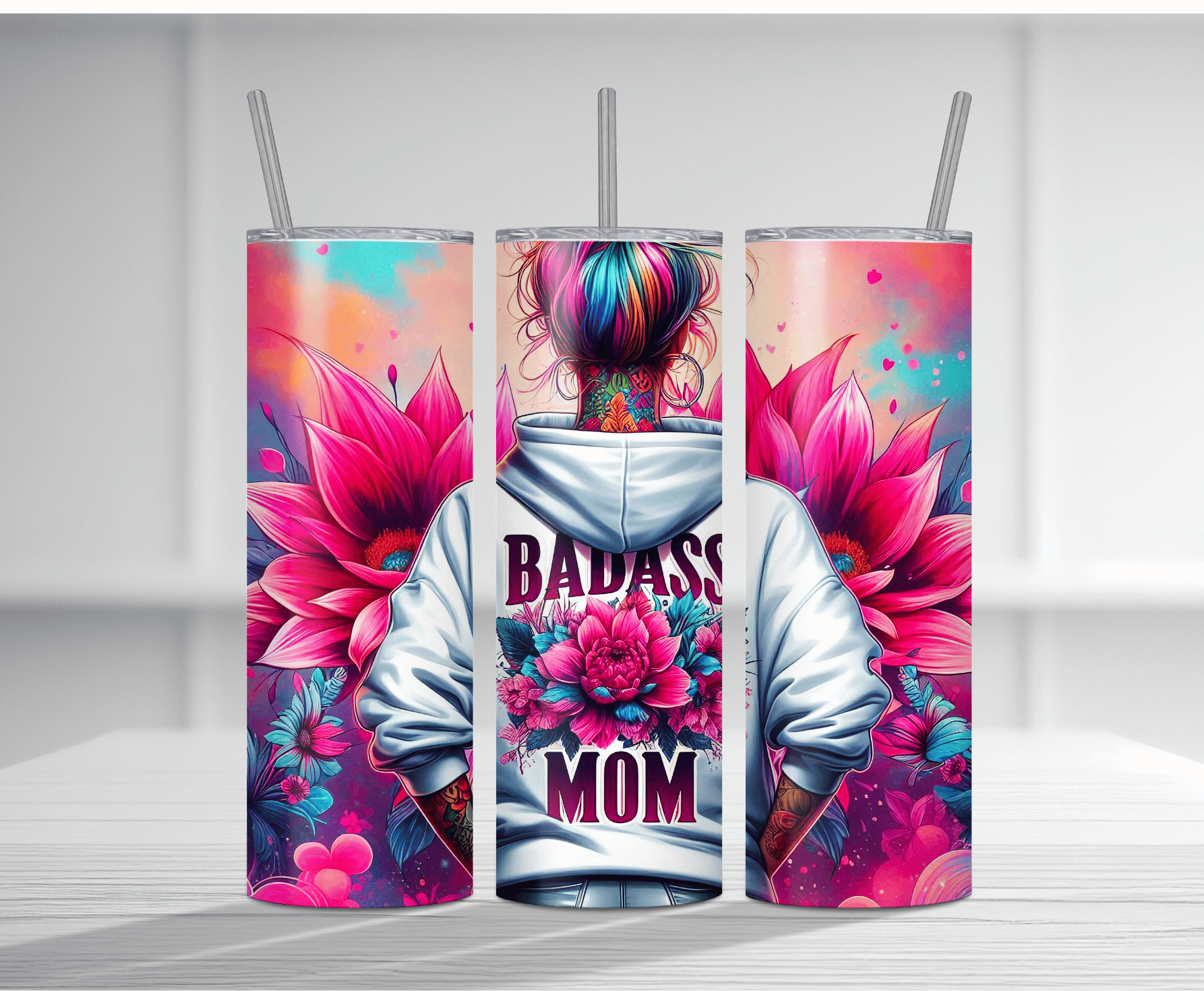 Bold 20oz tumbler sublimation wrap featuring "BADASS MOM" on a hoodie with colorful floral background.