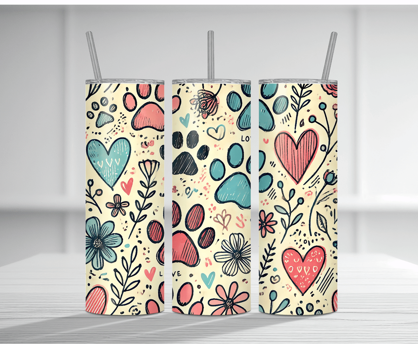 Cute seamless pattern 20oz tumbler sublimation wrap filled with colorful hearts and paw prints.