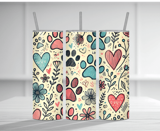 Cute seamless pattern 20oz tumbler sublimation wrap filled with colorful hearts and paw prints.
