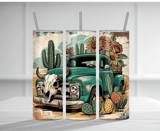 Rustic western 20oz tumbler sublimation wrap featuring vintage truck, cactus, and skull elements.