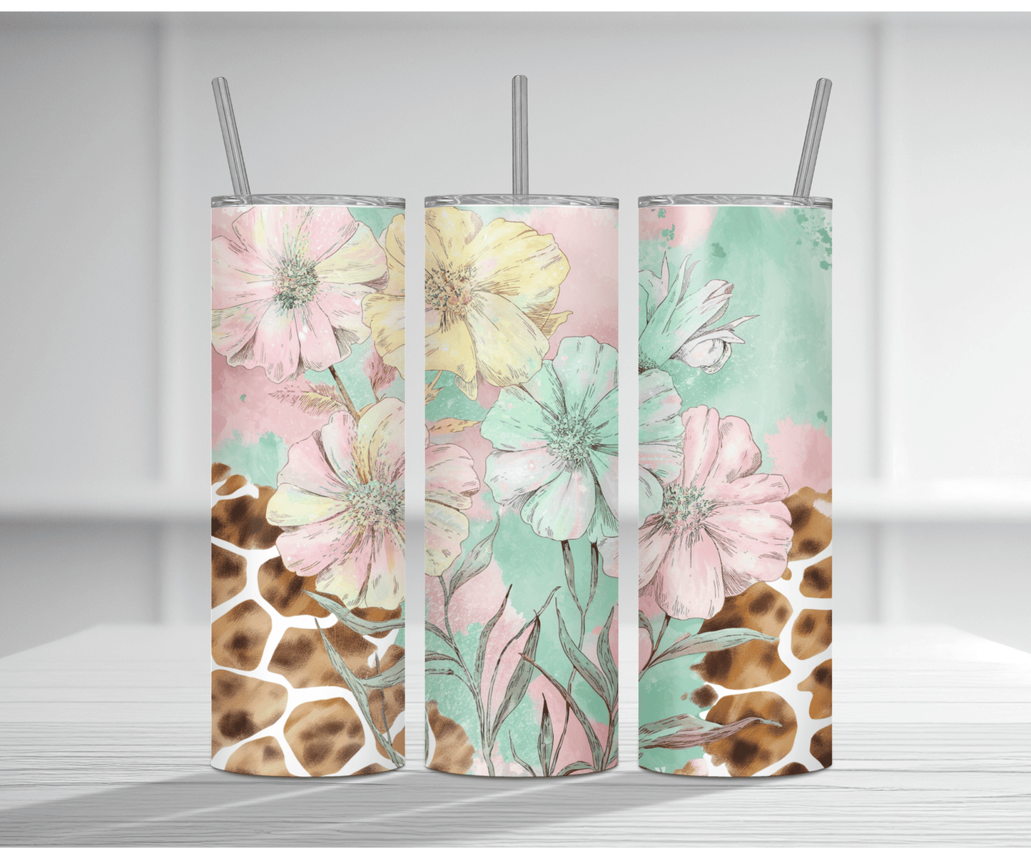 Elegant 20oz tumbler sublimation wrap featuring a giraffe with colorful floral background.