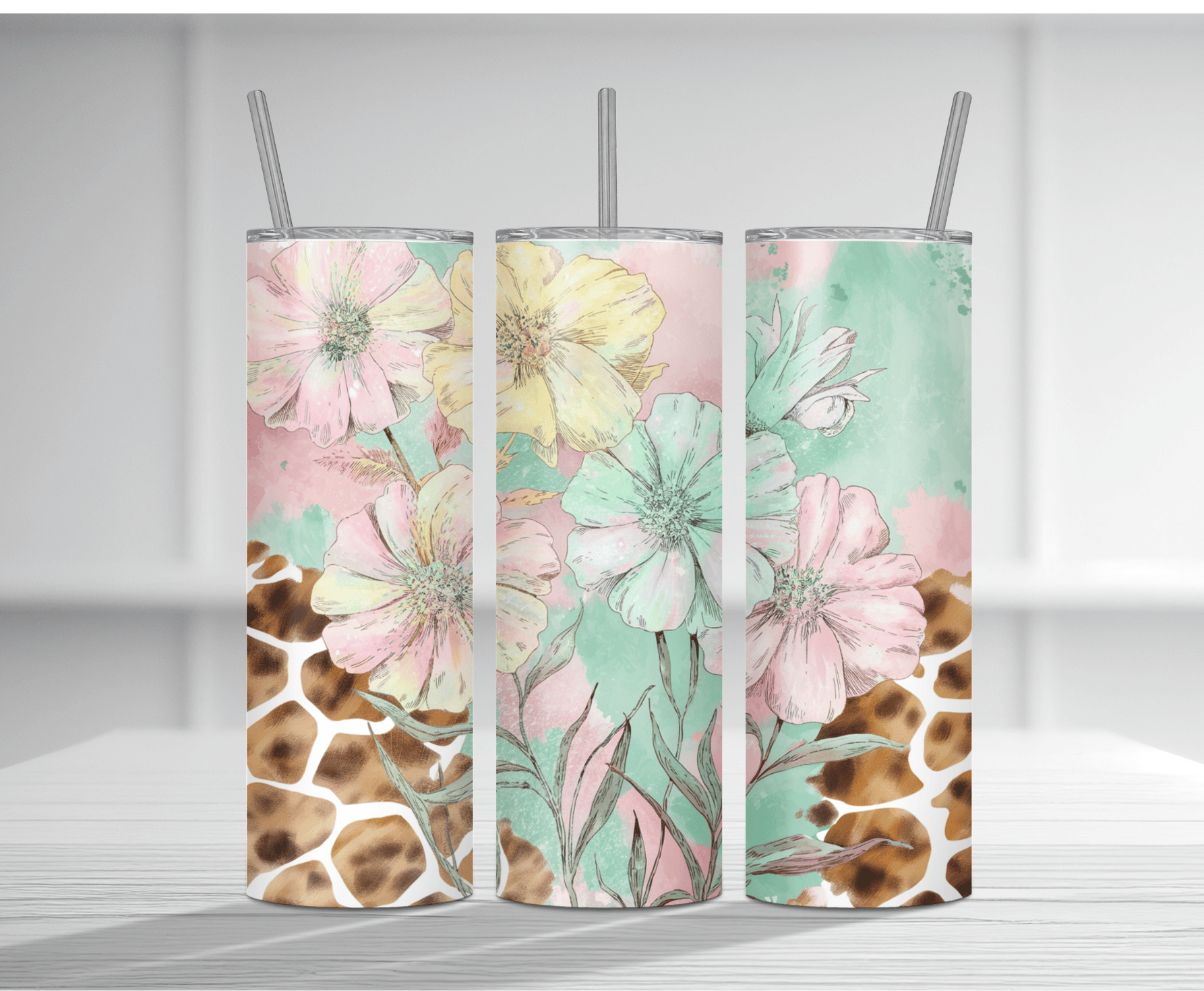 Elegant 20oz tumbler sublimation wrap featuring a giraffe with colorful floral background.
