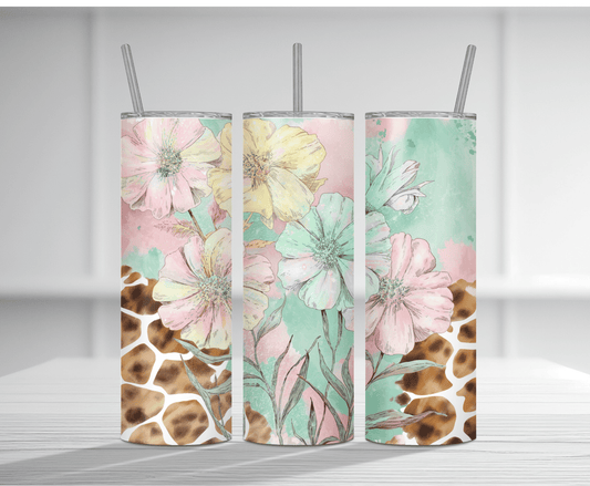 Elegant 20oz tumbler sublimation wrap featuring a giraffe with colorful floral background.