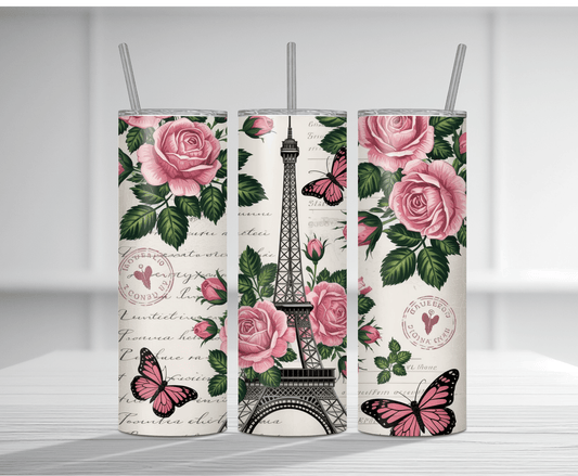 Romantic 20oz tumbler sublimation wrap featuring the Eiffel Tower with pink roses, butterflies, and vintage Paris background.