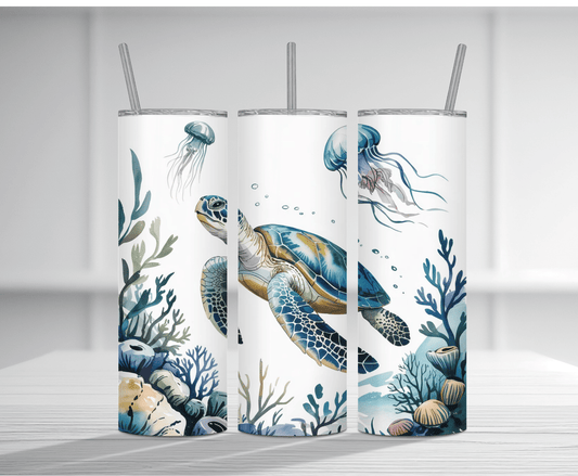 Serene 20oz tumbler sublimation wrap featuring a sea turtle swimming with jellyfish in a vibrant ocean scene.
