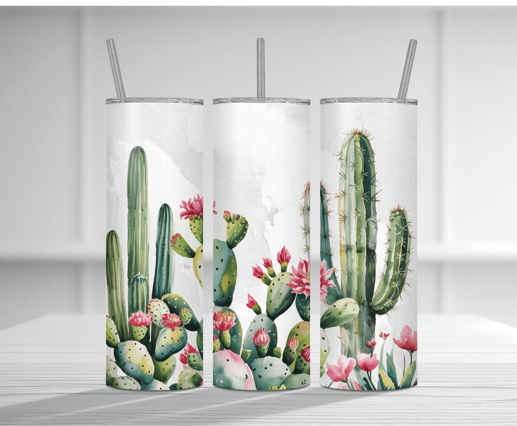 Bright 20oz tumbler sublimation wrap featuring multiple colorful cacti with pink flowers in a cheerful summer desert style.