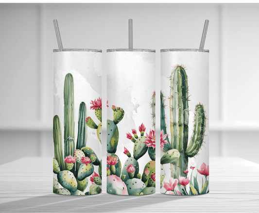 Bright 20oz tumbler sublimation wrap featuring multiple colorful cacti with pink flowers in a cheerful summer desert style.