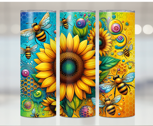 Sunflower Bee Happy Print | Premium Sublimation Tumbler Transfers – Vibrant, Long-Lasting Designs