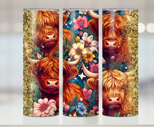 Pretty Highland Cow Floral Print | Premium Sublimation Tumbler Transfers – Vibrant, Long-Lasting Designs