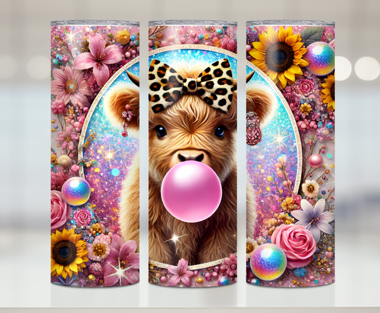 Pretty Highland Cow Bubble Gum Print | Premium Sublimation Tumbler Transfers – Vibrant, Long-Lasting Designs