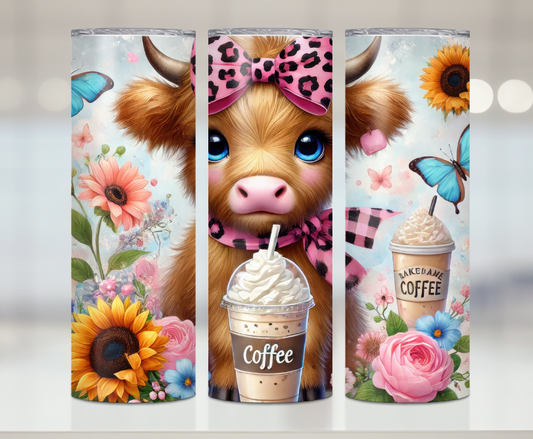Highland Cow Coffee Drinker Print | Premium Sublimation Tumbler Transfers – Vibrant, Long-Lasting Designs