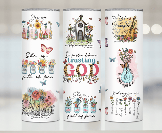 Just Out Here Trusting God | Premium Sublimation Tumbler Transfers – Vibrant, Long-Lasting Designs