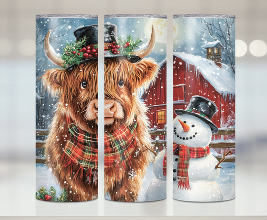 Cute Highland Christmas Cow and Snowman | Premium Sublimation Tumbler Transfers – Vibrant, Long-Lasting Designs