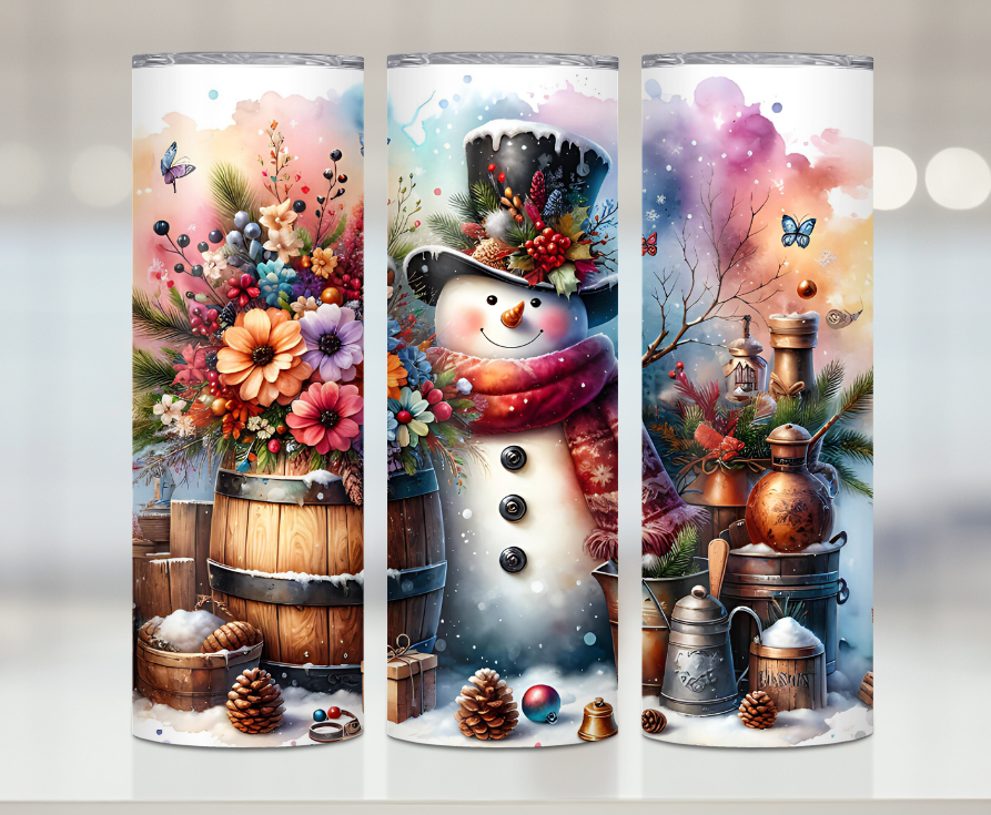 Floral Vintage Snowman | Premium Sublimation Tumbler Transfers – Vibrant, Long-Lasting Designs