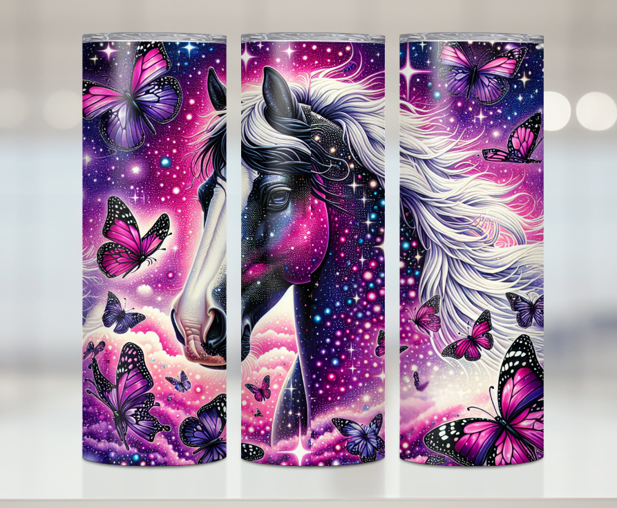 Neon Horse With Butterflies | Premium Sublimation Tumbler Transfers – Vibrant, Long-Lasting Designs