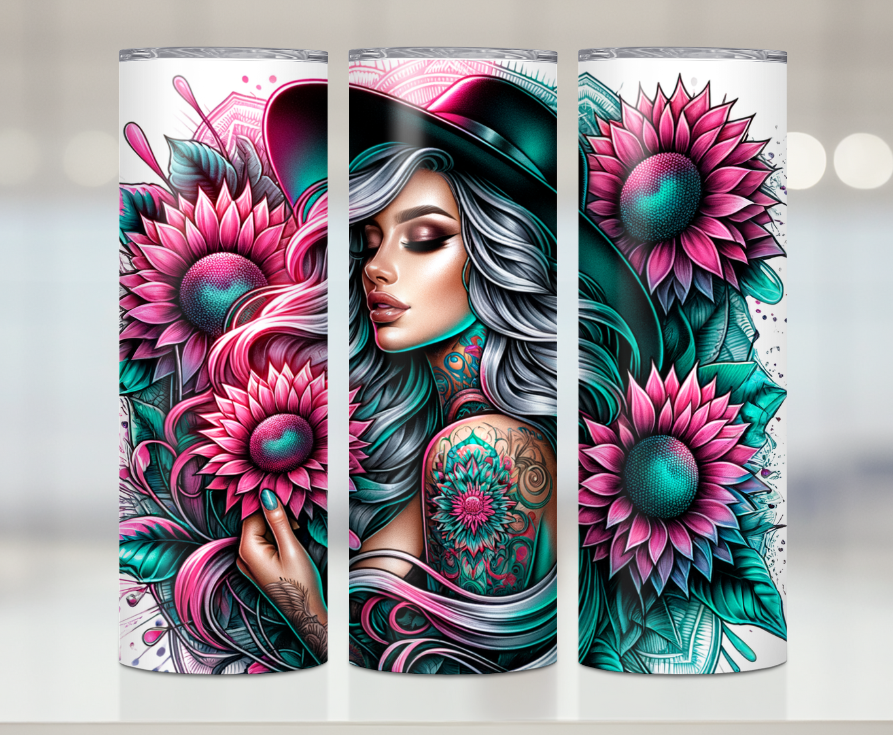 Neon Sunflower Tattooed Woman | Premium Sublimation Tumbler Transfers – Vibrant, Long-Lasting Designs